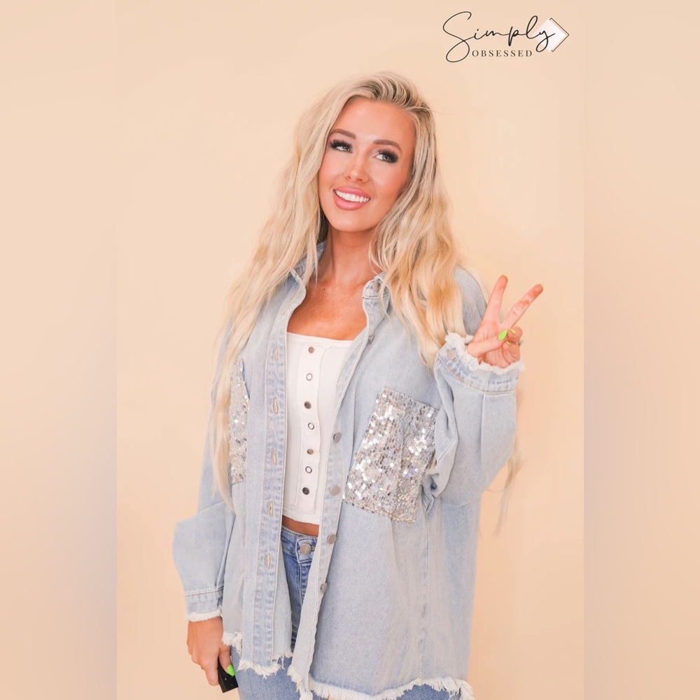 POL Denim Shacket with sequin detail